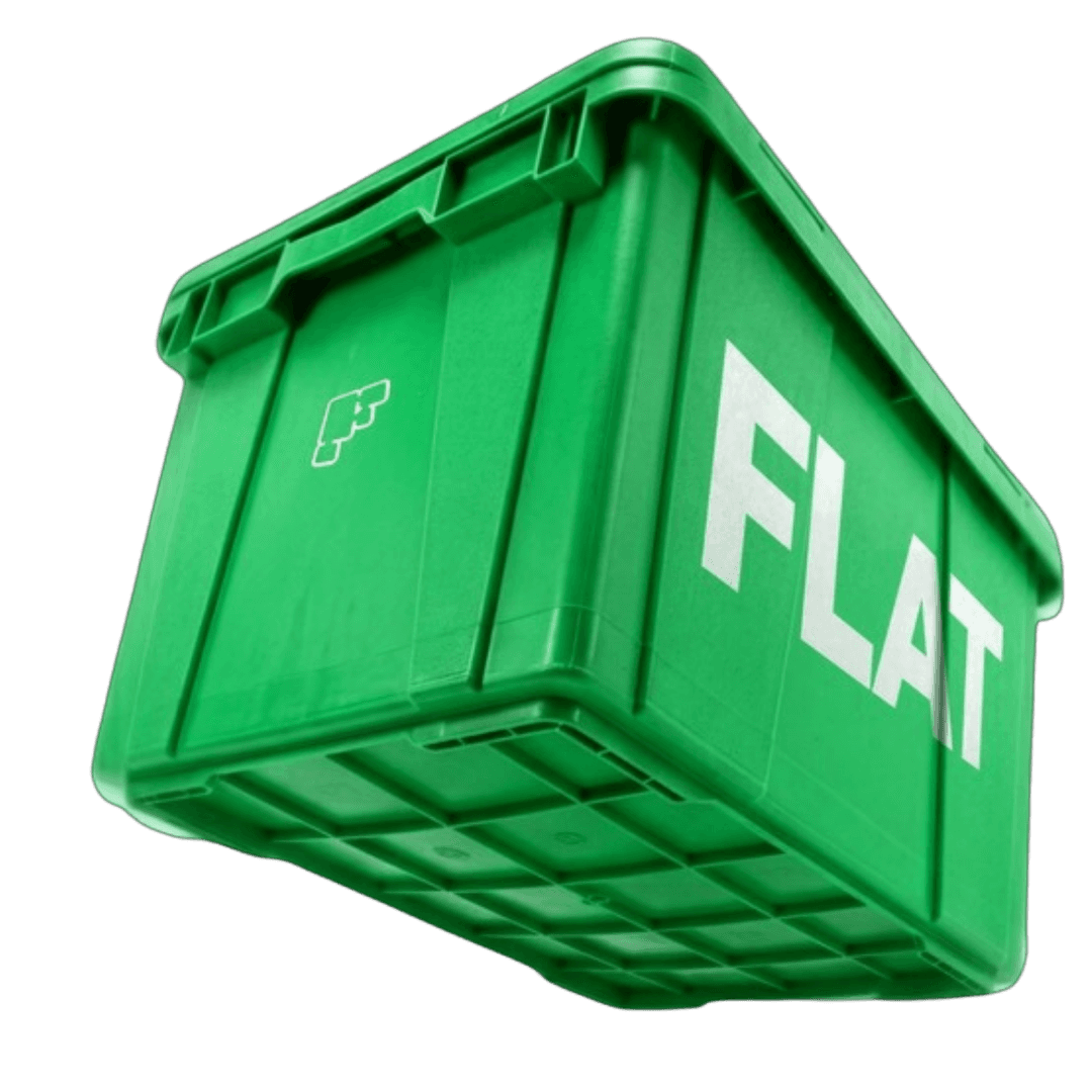 Kuvituskuva, jossa vihreä muuttolaatikko isolla FLAT-tekstillä